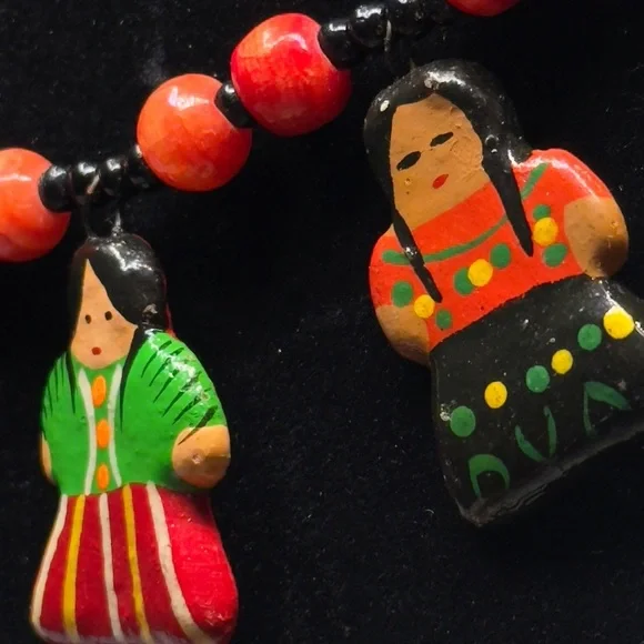 Vintage Colorful Guatemala Beaded Necklace featuring Clay Doll Charms